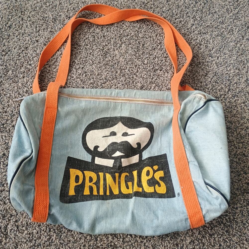 Vintage PRINGLES Duffle Adult Denim Jean Zippered Shoulder Bag Mustache Logo
